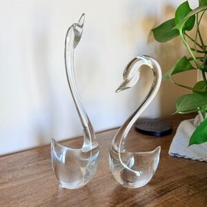 Vintage Hand Blown Clear Glass Swan Figurines Set 2 Mid Century Art Glass Decor